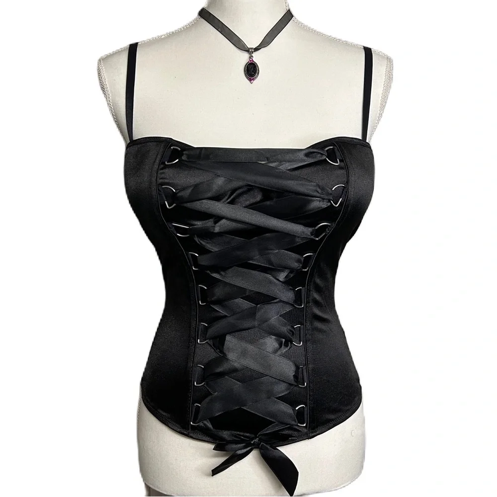 Spirit Bustier Corset Top Size L‎ Lace Up Black Satin Costume Budoir Pin Up NWT